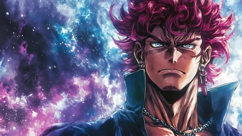 Intense anime warrior against cosmic nebula backdrop.