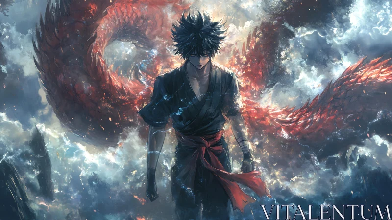 Volcanic dragon vortex encircling stormforged warrior avatar.