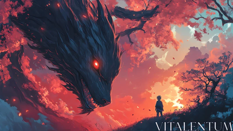 Giant dark wolf spirit faces lone figure under red sky