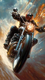 Motorcyclist charges through flames in dynamic speed study.