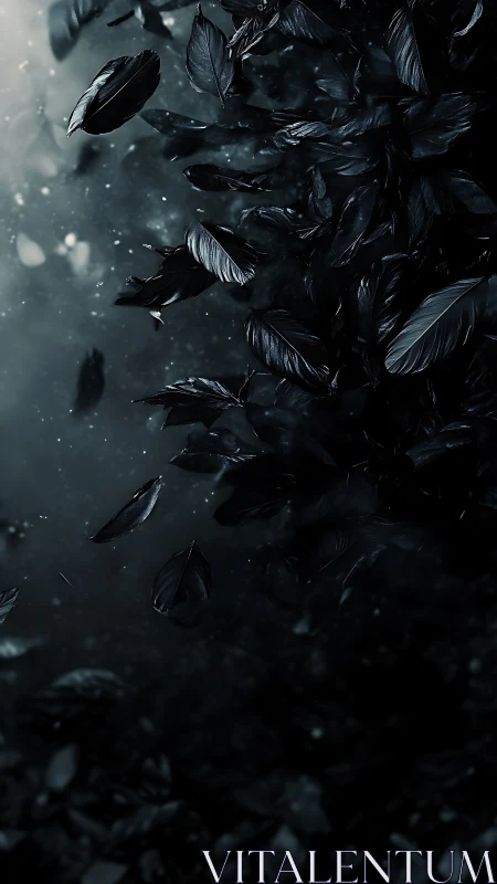 Dark raven feathers swirling through misted monochrome depth.