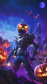 Flaming pumpkin-headed warrior dominates eerie moonlit night.
