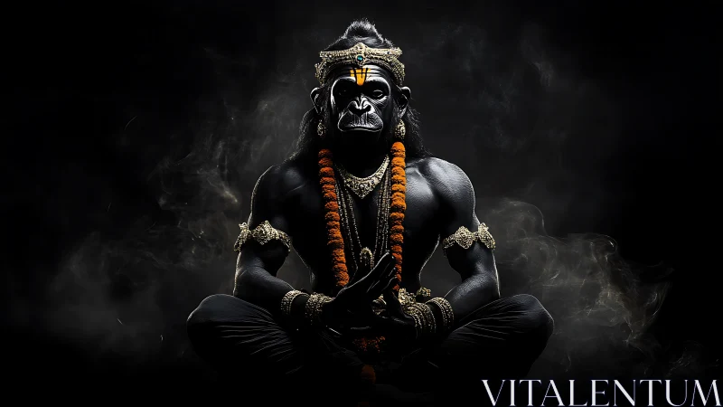 Mythic simian yogi rendered in dramatic low‑key lighting