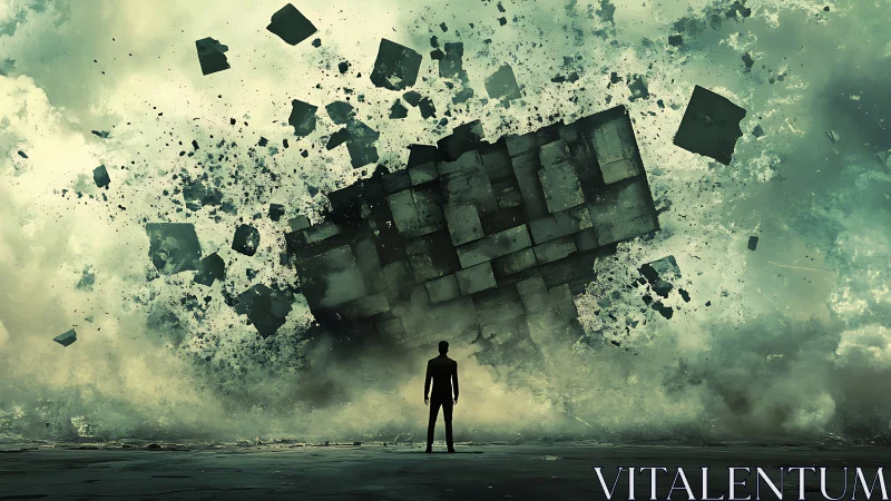 Solitary observer before disintegrating monolithic data cube.