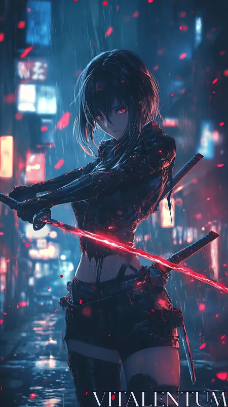 Neon rain falls as a cyberpunk swordswoman readies her strike