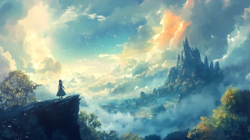 Solitary wanderer surveys luminous skyborne citadel