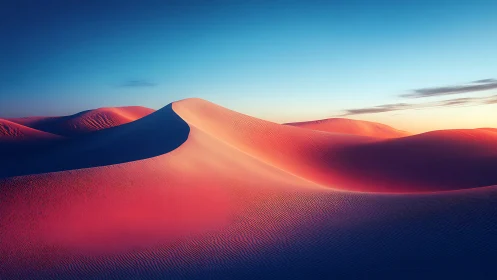 Crimson sand dunes under gradient sky at golden hour.