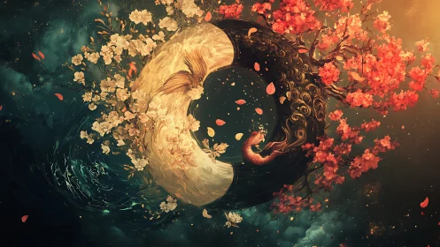 Yin yang ring with blossoms, koi and fox in cosmos.