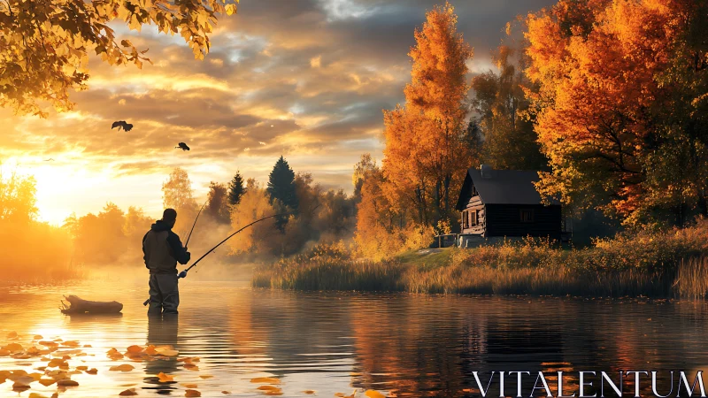 Autumn lakeside angler beside golden forest cabin at sunrise.