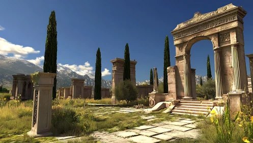 Ancient stone arch and columns in sunlit landscape.