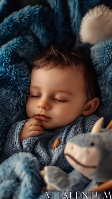 Peaceful sleeping infant nestled in blue textured blankets. Period