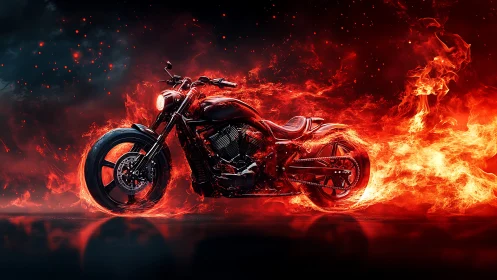 Fire-wreathed custom motorcycle cuts through blazing night.