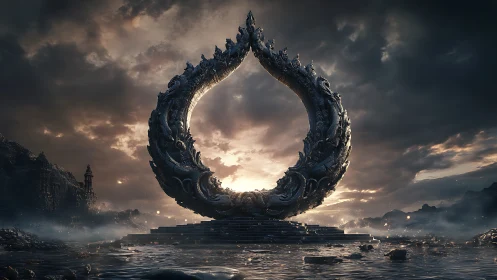 Twilight gateway of carved stone curling toward dawn.