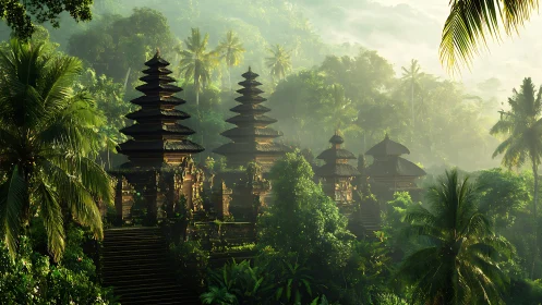 Tiered temple structures rise from dense tropical rainforest