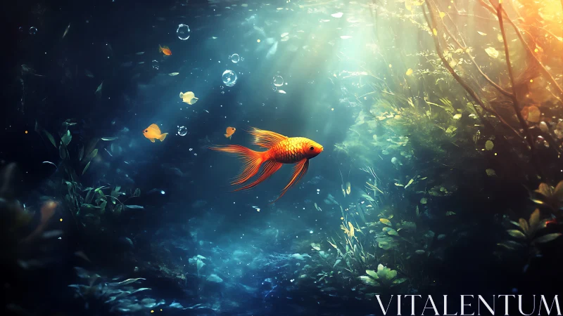 Golden fish glides through glowing underwater forest.