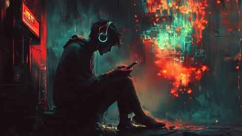 Neon city dreamer sits absorbed in music and glowing data