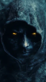 Glowing eyes emerge from a shadowed hood in swirling mist