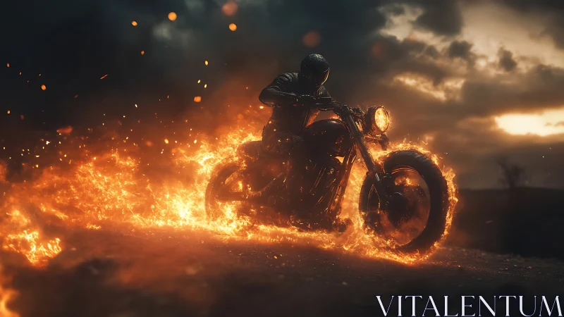 Armored motorcyclist rides through incendiary terrain at dusk