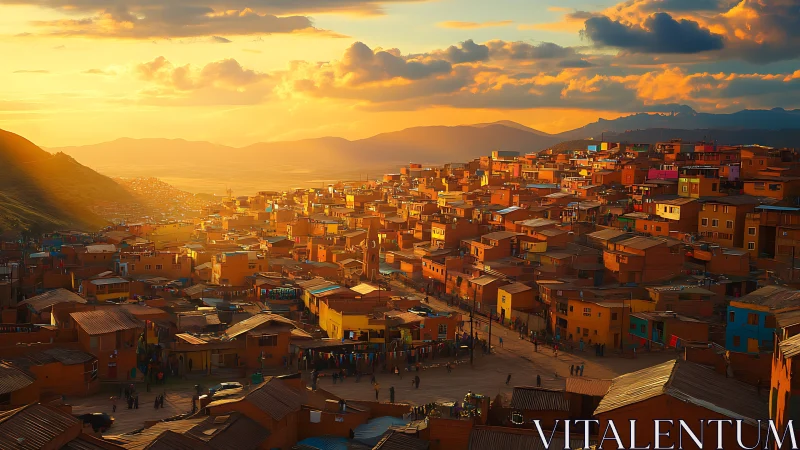 Sunlit hillside settlement with dense low-rise housing units.