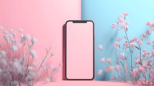Modern smartphone on pastel pink and blue background with flowers.