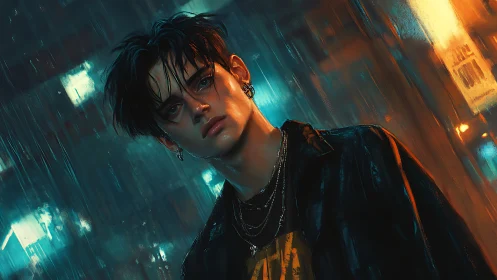 Rain-soaked night rebel under neon city glow.
