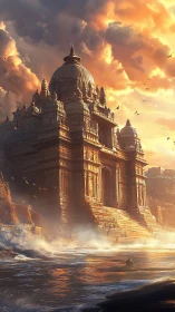 Storm-kissed cliffside temple glows under a blazing sky.
