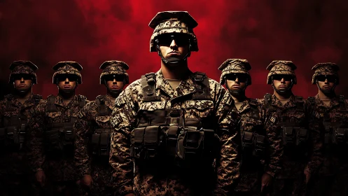 Armored infantry squad stands unified under intense red haze