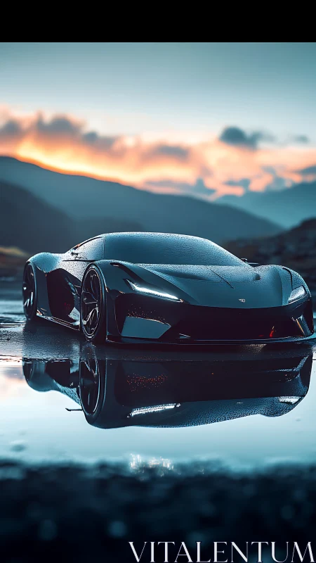 Low-profile sports car on wet road at dusk, front view.