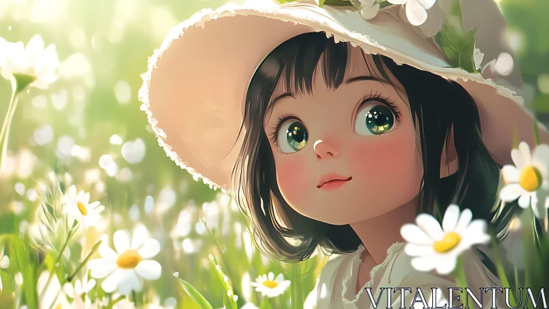 Sunlit girl in daisy field gazes up with gentle wonder