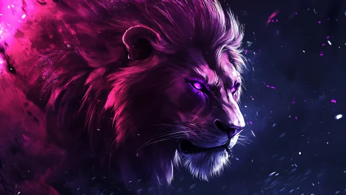 Neon magenta spectral lion profile in cosmic particle field