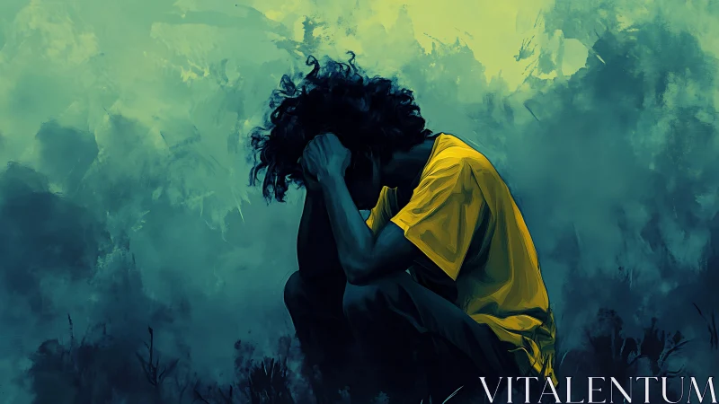 Solitary figure in despair against cyan abstract haze.