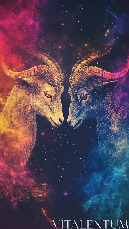 Two mirrored rams in vivid cosmic nebula contrast.