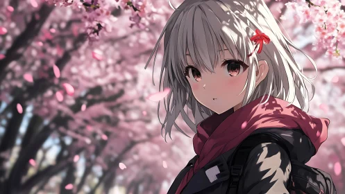 Silver haired anime girl under blooming cherry blossoms in spring