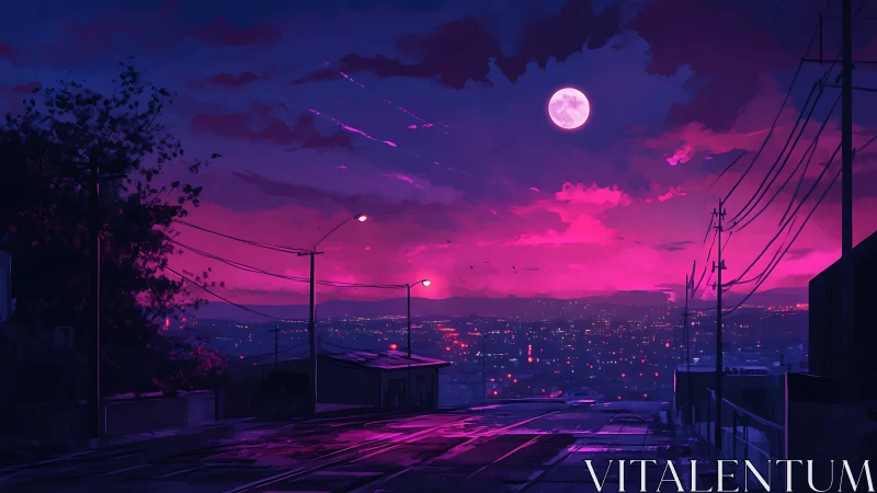 Urban hillside road overlooking neon-lit city at night.