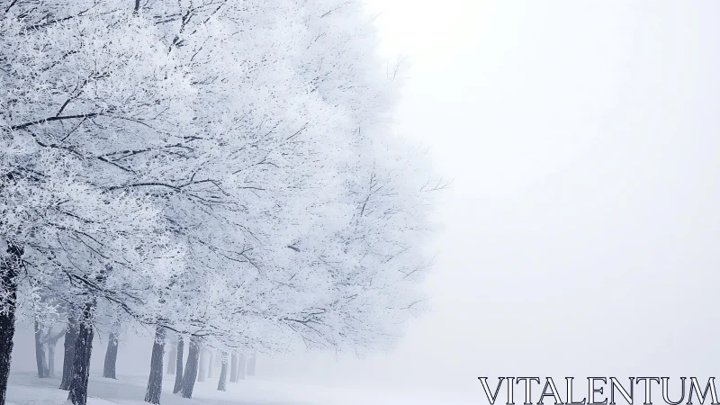 Frost covered winter trees fading into soft white fog.