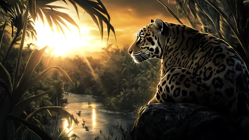 Jaguar at Jungle River at Sunrise.