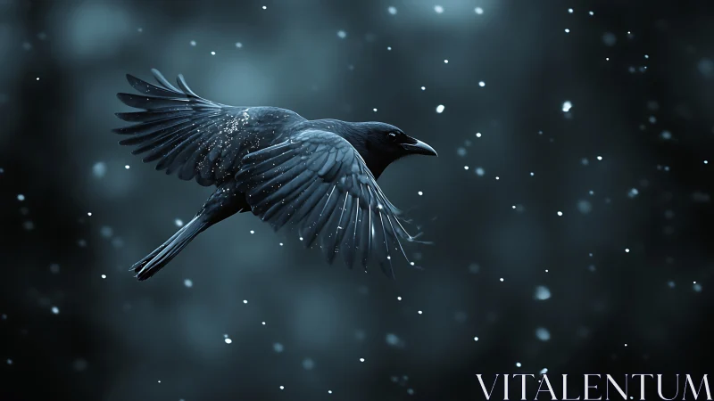 Elegant Raven Soaring Through Icy Winter Sparkles and Snow