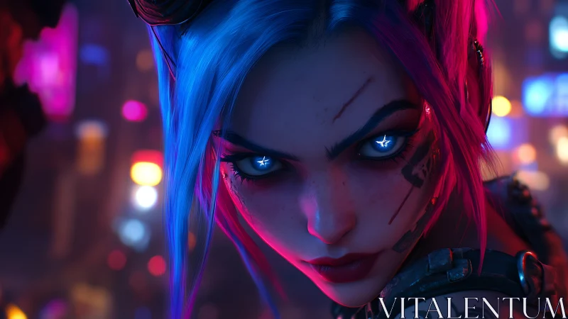 Neon renegade heroine with star-lit eyes in cyber dusk.