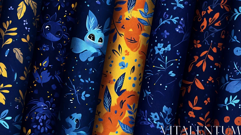 Digital floral character textile rolls with nocturne palette.