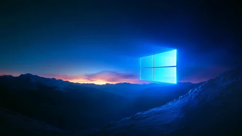 Glowing window logo hovering above polar dusk mountain ridge