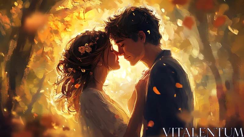 Two figures in golden light within forest setting.