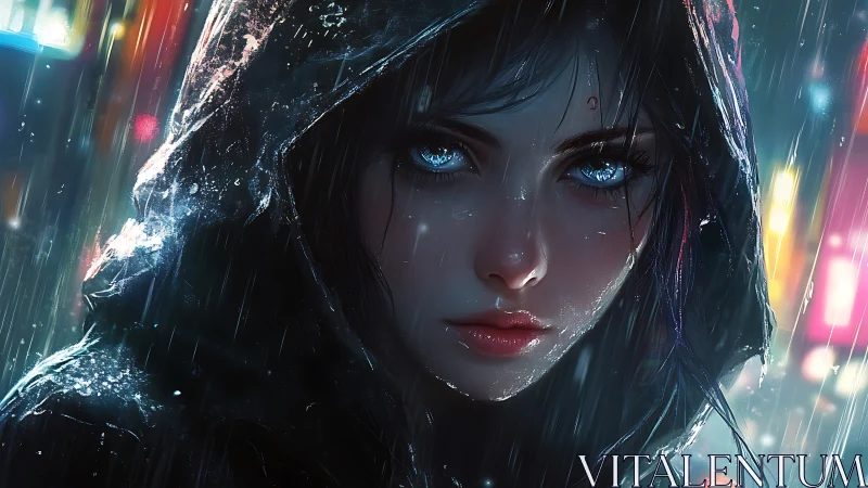 Rain-soaked hooded girl with luminescent eyes in neon backlight