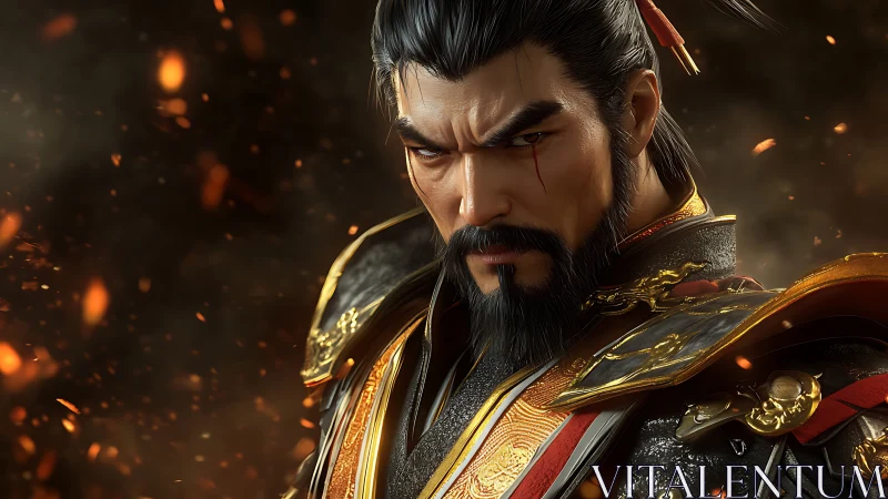 Warrior commander portrait in ornate burning battlefield scene.