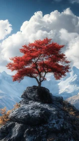 Solitary crimson tree crowns a rugged alpine rock peak