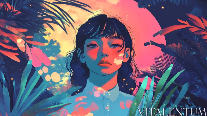 Neon jungle portrait under radiant pink celestial moon.