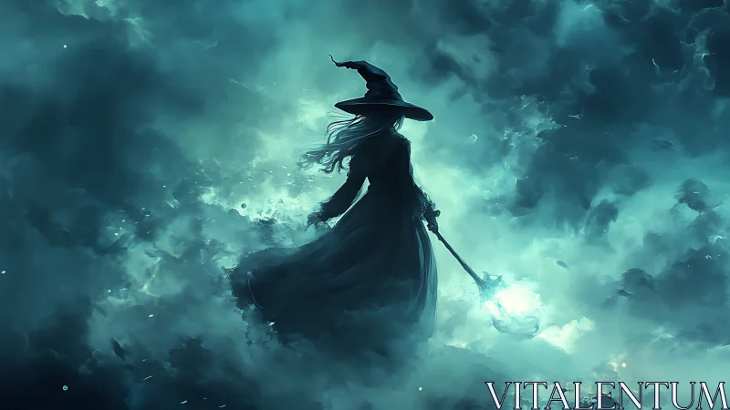 Silhouetted robed figure with staff in luminous storm clouds.