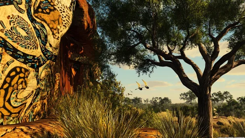 Rock painting and savanna tree rendered in warm daylight
