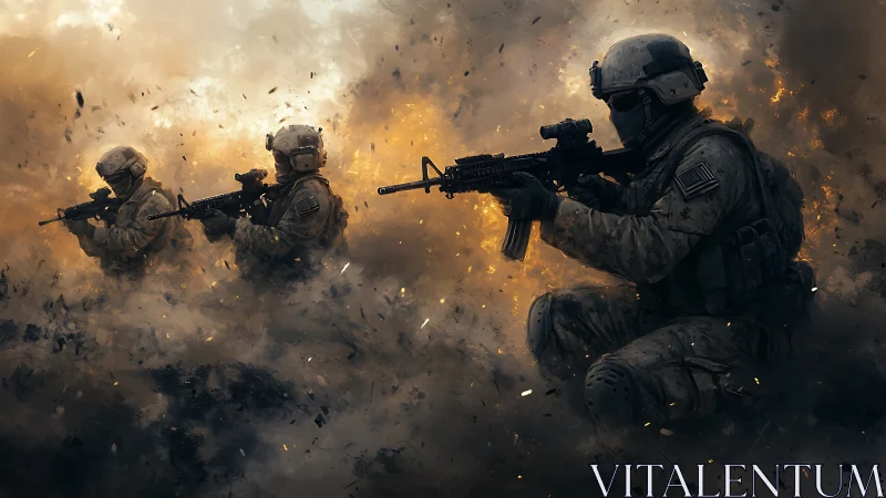 Soldiers advancing through smoke with rifles drawn.