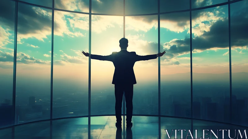 Silhouetted businessman with arms raised in victory, framed by curved glass architectural elements a