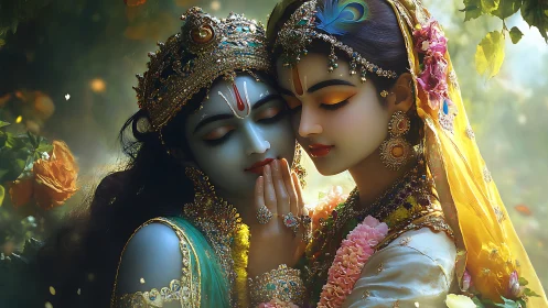 Tender divine embrace in a luminous enchanted garden.